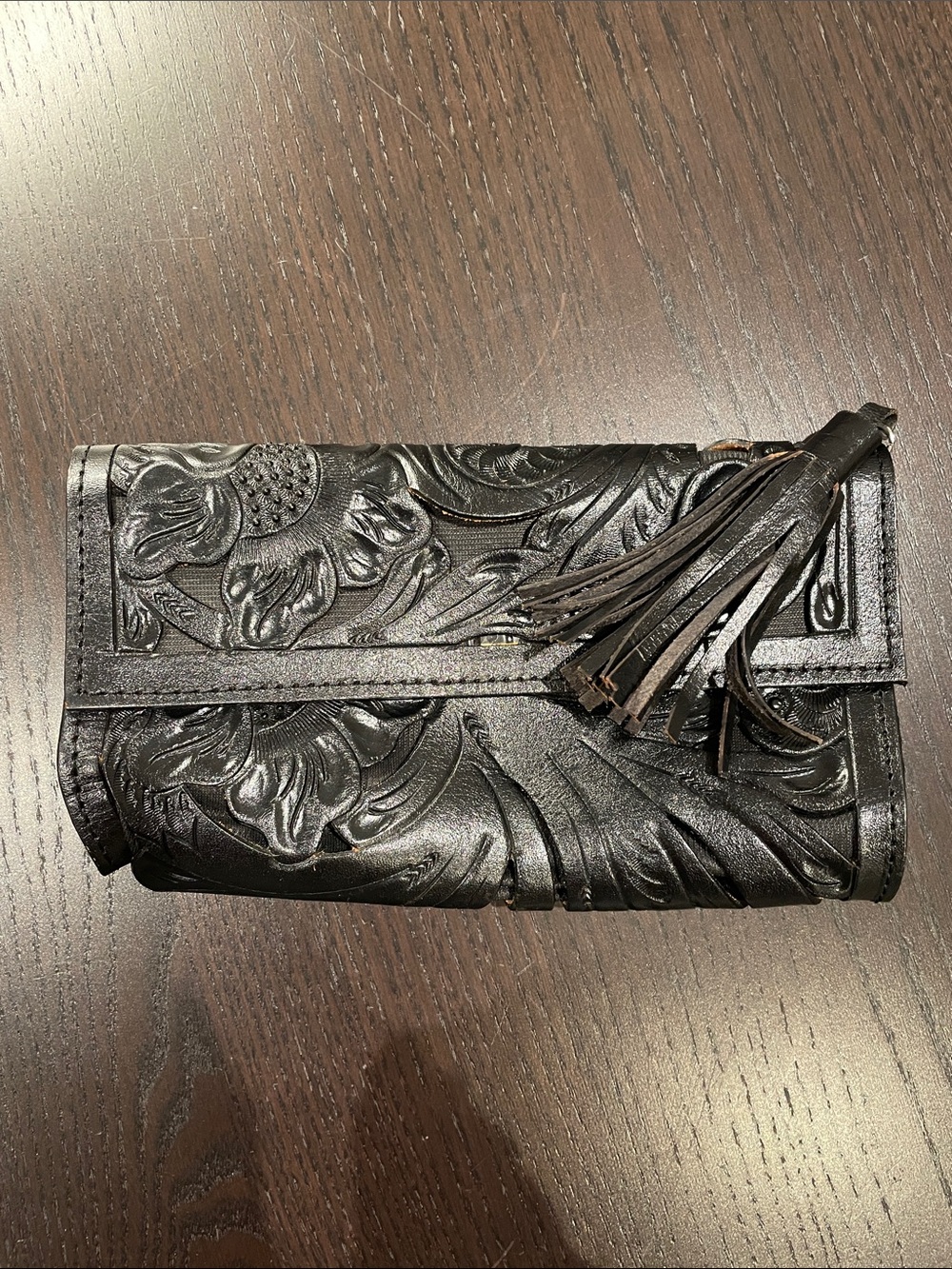 Embossed Floral Leather Clutch Wallet with Tassel Mexican
